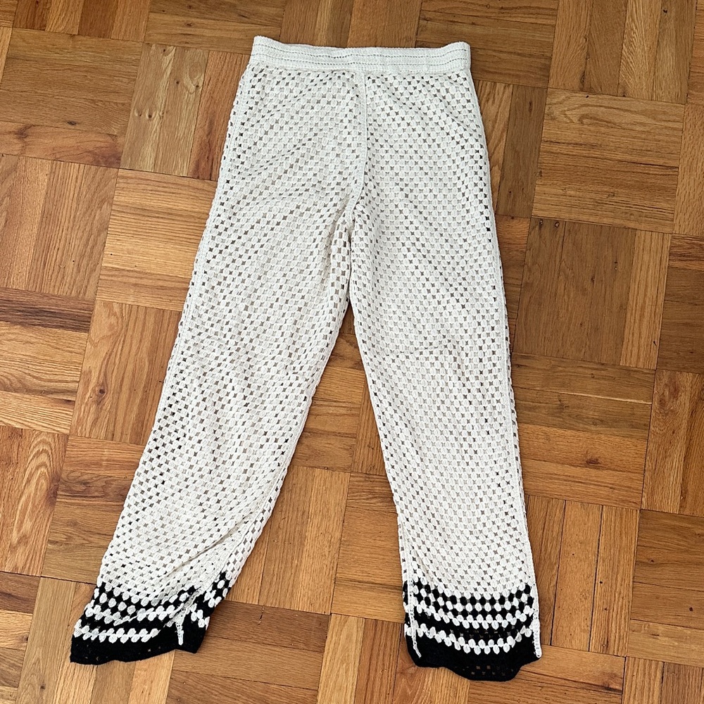 Ultra Pink White Crochet Knit Pants with Black Trim